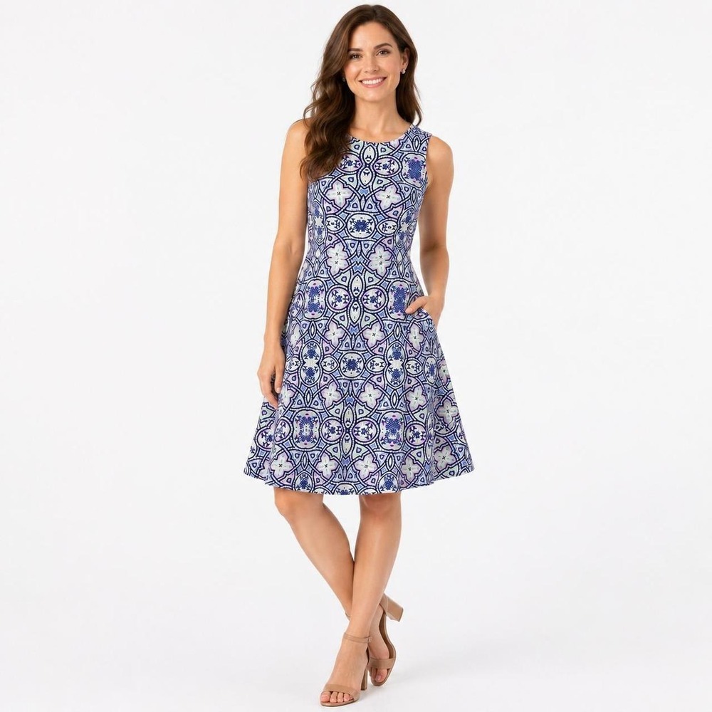 Talbots Petite Blue Purple Geometric Fit & Flare Cotton Dress Preppy Womens P